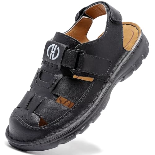 GURGER Herren Trekkingsandalen Leder Sandalen Sommer Outdoorsandalen Männer Geschlossene Klettverschluss Zehen Sportsandalen Wandersandalen Schwarz Gr 47 von GURGER