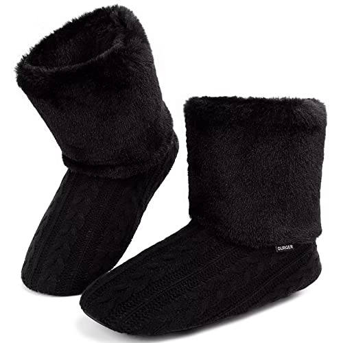 GURGER Hüttenschuhe Damen Plüsch Gefüttert Hausstiefel Herren Winter Warm Hausschuhe Hohe Pantoffeln Hüttenstiefel Strick Slipper Boot Weiche Sohle Geräuschlos Schwarz Größe 36 37 von GURGER