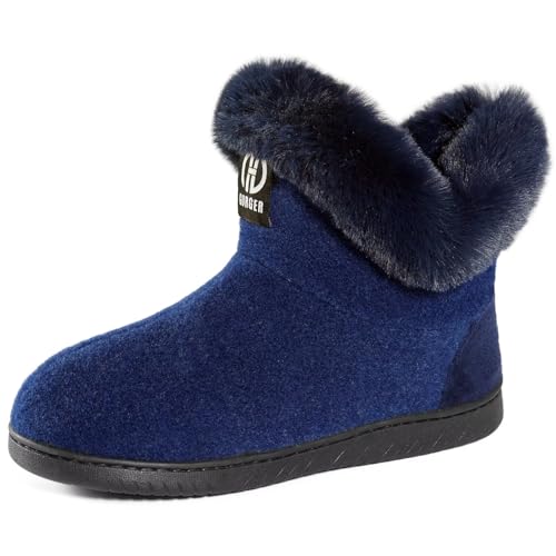 GURGER Hüttenschuhe Damen Plüsch Gefüttert Hausstiefel Winter Warm Hohe Hausschuhe Filz Hüttenstiefel Filzpantoffeln Pantoffeln für Frauen Blau Größe 36 37 von GURGER