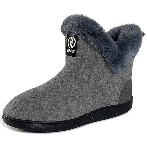 GURGER Hüttenschuhe Damen Plüsch Gefüttert Hausstiefel Winter Warm Hohe Hausschuhe Filz Hüttenstiefel Filzpantoffeln Pantoffeln für Frauen Grau Größe 42 43 von GURGER