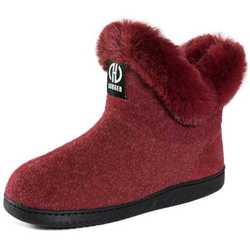 GURGER Hüttenschuhe Damen Plüsch Gefüttert Hausstiefel Winter Warm Hohe Hausschuhe Filz Hüttenstiefel Filzpantoffeln Pantoffeln für Frauen Rot Größe 36 37 von GURGER