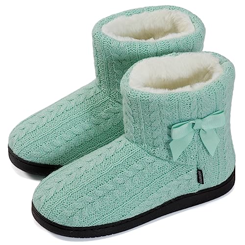 GURGER Hüttenschuhe Damen Plüsch Hausstiefel Gefüttert Hausschuhe Hohe Warm Winter Pantoffeln Strick Slipper Feste Sohle für Frauen Grün Gr. 35 36 von GURGER