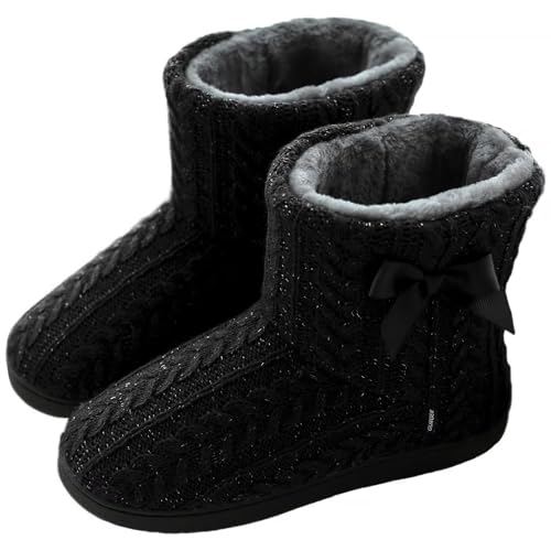 GURGER Hüttenschuhe Damen Plüsch Hausstiefel Gefüttert Hausschuhe Hohe Warm Winter Pantoffeln Strick Slipper Feste Sohle für Frauen Schwarz Gr. 43 44 von GURGER