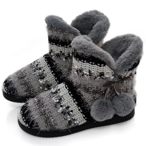 GURGER Hüttenschuhe Damen Plüsch Hausstiefel Gefüttert Winter Strick Hausschuhe Hohe Warm Pantoffeln Slipper Schwarz Grau Größe 37 38 von GURGER