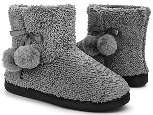 GURGER Hüttenschuhe Damen Plüsch Hausstiefel Gefüttert Winter Strick Hausschuhe Hohe Warm Pantoffeln Slipper Schwarz Grau Größe 38 39 von GURGER