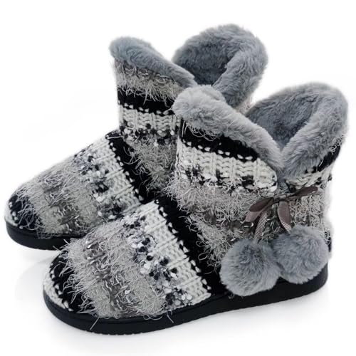 GURGER Hüttenschuhe Damen Plüsch Hausstiefel Gefüttert Winter Strick Hausschuhe Hohe Warm Pantoffeln Slipper Schwarz Grau Größe 39 40 von GURGER
