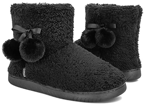 GURGER Hüttenschuhe Damen Plüsch Hausstiefel Gefüttert Winter Strick Hausschuhe Hohe Warm Pantoffeln Slipper Schwarz Schwarz Größe 38 39 von GURGER