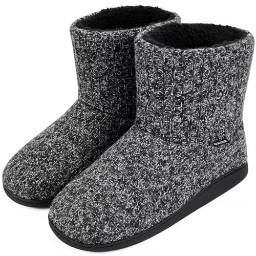 GURGER Hüttenschuhe Herren Hausschuhe Warm Plüsch Gefüttert Hausstiefel Winter Strick Gestrickte Hüttenstiefel Hauss Pantoffeln Rutschfeste Feste Sohle für Männer Grau Größe 44 45 von GURGER