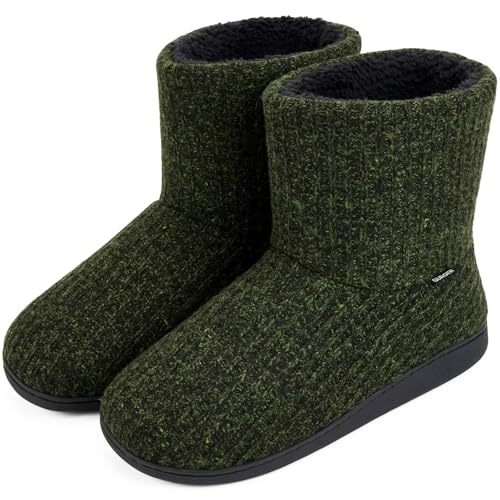 GURGER Hüttenschuhe Herren Hausschuhe Warm Plüsch Gefüttert Hausstiefel Winter Strick Gestrickte Hüttenstiefel Hauss Pantoffeln Rutschfeste Feste Sohle für Männer Grün Größe 40 41 von GURGER