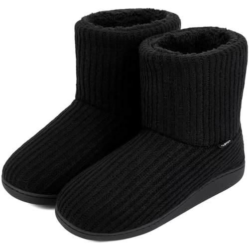 GURGER Hüttenschuhe Herren Hausschuhe Warm Plüsch Gefüttert Hausstiefel Winter Strick Gestrickte Hüttenstiefel Hauss Pantoffeln Rutschfeste Feste Sohle für Männer Schwarz Größe 40 41 von GURGER