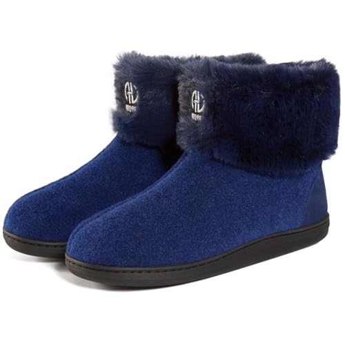 GURGER Hüttenschuhe Herren Plüsch Gefüttert Damen Hausstiefel Winter Warm Filz Hausschuhe Hohe Feste Sohle Filzpantoffeln Hüttenstiefel Pantoffeln, Blau Größe 46 47 von GURGER