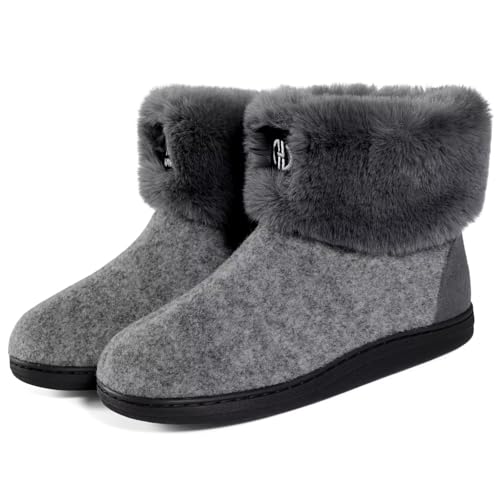 GURGER Hüttenschuhe Herren Plüsch Gefüttert Damen Hausstiefel Winter Warm Filz Hausschuhe Hohe Feste Sohle Filzpantoffeln Hüttenstiefel Pantoffeln, Grau Größe 46 47 von GURGER
