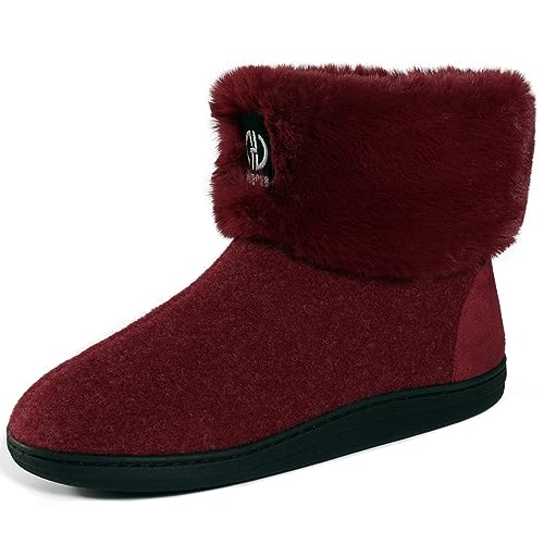 GURGER Hüttenschuhe Herren Plüsch Gefüttert Damen Hausstiefel Winter Warm Filz Hausschuhe Hohe Feste Sohle Filzpantoffeln Hüttenstiefel Pantoffeln, Rot Größe 42 43 von GURGER