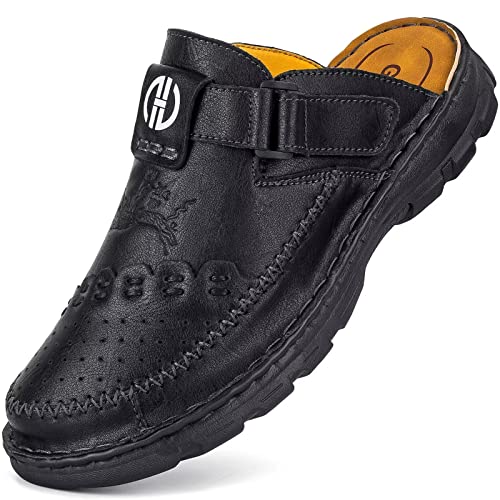 GURGER Pantoletten Herren Leder Sandalen Sommer Clogs Männer Wasserfest Geschlossen Größe 44 Schwarz von GURGER