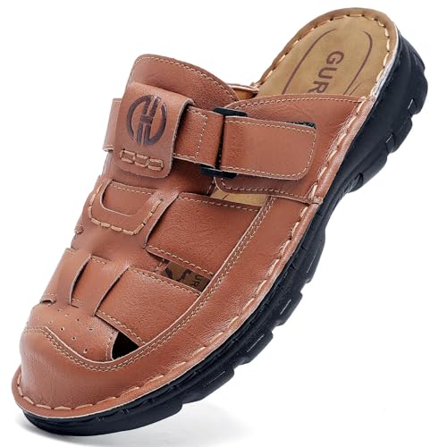 GURGER Pantoletten Herren Leder Sandalen Sommer Geschlossene Zehe Clogs für Männer Rotbraun Gr 41 von GURGER