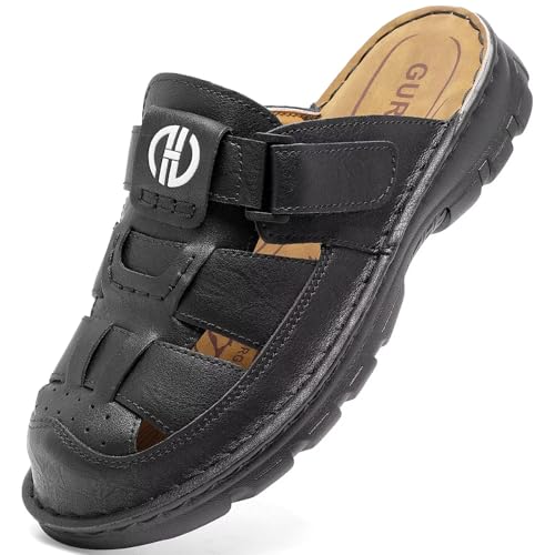 GURGER Pantoletten Herren Leder Sandalen Sommer Geschlossene Zehe Clogs für Männer Schwarz Gr 41 von GURGER