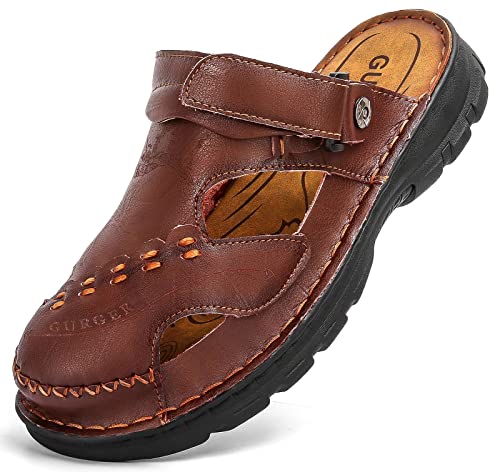 GURGER Sandalen Herren Leder Clogs Sommer Outdoor Slipper Geschlossen Pantoletten Größe 43 Dunkel Braun von GURGER