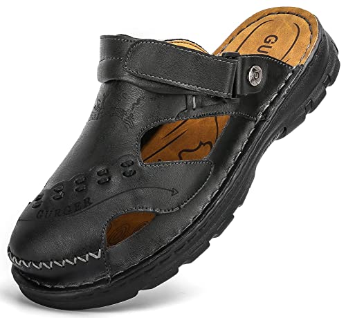 GURGER Sandalen Herren Leder Clogs Sommer Outdoor Slipper Geschlossen Pantoletten Größe 43 Schwarz von GURGER