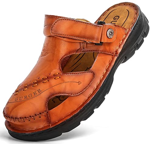 GURGER Sandalen Herren Leder Clogs Sommer Outdoor Slipper Geschlossen Pantoletten Größe 47 Rot Braun von GURGER