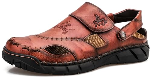 GURGER Sandalen Herren Leder Geschlossene Sommer Wandersandalen Männer Klettverschluss Strand Pantoletten Trekkingschuhe Rot Braun Größe 45 von GURGER