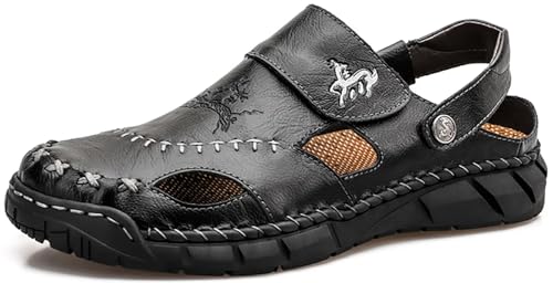 GURGER Sandalen Herren Leder Geschlossene Sommer Wandersandalen Männer Klettverschluss Strand Pantoletten Trekkingschuhe Schwarz Größe 46 von GURGER