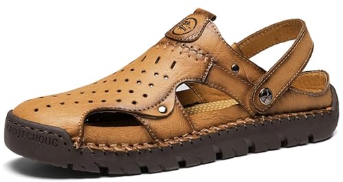 GURGER Sandalen Herren Leder Hausschuhe Männer Geschlossene Sommer Strand Pantoletten Outdoor Trekking Clogs Hellbraun Größe 46 von GURGER