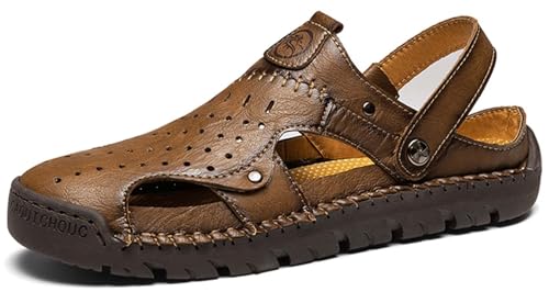 GURGER Sandalen Herren Leder Hausschuhe Männer Geschlossene Sommer Strand Pantoletten Outdoor Trekking Clogs Khaki Größe 42 von GURGER