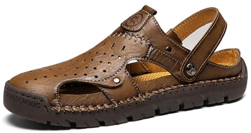 GURGER Sandalen Herren Leder Hausschuhe Männer Geschlossene Sommer Strand Pantoletten Outdoor Trekking Clogs Khaki Größe 44 von GURGER
