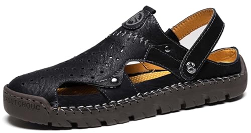 GURGER Sandalen Herren Leder Hausschuhe Männer Geschlossene Sommer Strand Pantoletten Outdoor Trekking Clogs Schwarz Größe 41 von GURGER