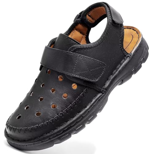 GURGER Sandalen Herren Leder Sommer Clogs Atmungsaktiv Trekkingsandalen Geschlossene Zehe Outdoorsandalen Klettverschluss Sportsandalen für Männer Schwarz Größe 44 von GURGER