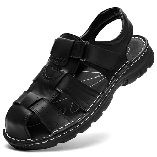 GURGER Sandalen Herren Leder Sommer Geschlossene Sandalen Klettverschluss Strand Sandalen Männer Outdoor Sports Trekkingsandalen 39 Größe Schwarz von GURGER