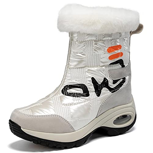 GURGER Schneestiefel Damen Wasserdicht Leder Winterstiefel Warm Gefüttert Frauen Stiefel Kurzschaft Rutschfeste Winterschuhe Weiß Größe 36 von GURGER