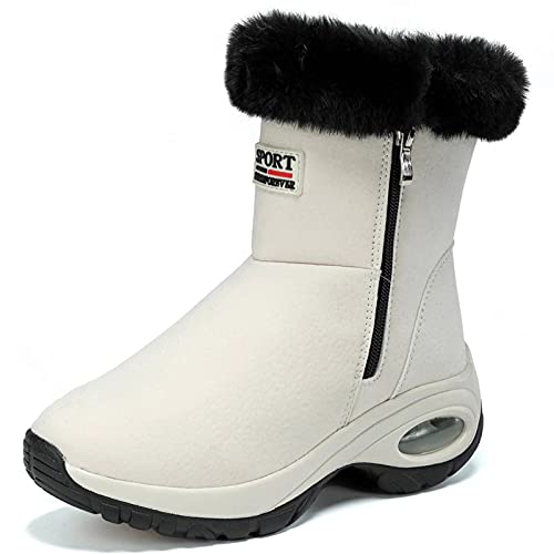 GURGER Schneestiefel Damen Wasserdicht Leder Winterstiefel Warm Gefüttert Frauen Stiefel Kurzschaft Rutschfeste Winterschuhe Weiß Größe 38 von GURGER