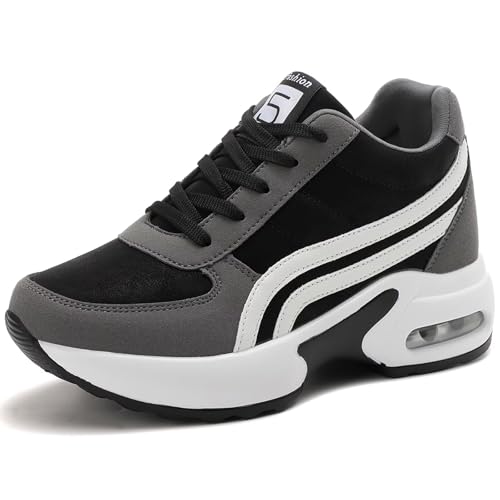 GURGER Sneaker Keilabsatz Damen 7cm Wedges Sportschuhe Kunstleder Leichte Atmungsaktive Turnschuhe Bequeme rutschfest Freizeitschuhe Schwarz Größe 39 von GURGER