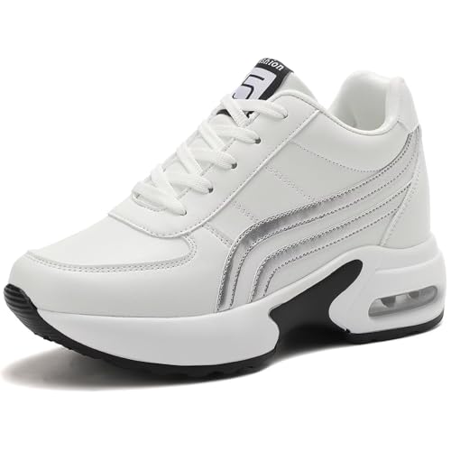 GURGER Sneaker Keilabsatz Damen 7cm Wedges Sportschuhe Kunstleder Leichte Atmungsaktive Turnschuhe Bequeme rutschfest Freizeitschuhe Weiß Größe 38 von GURGER