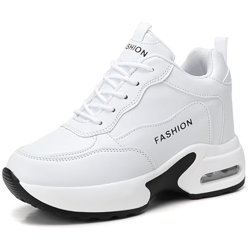 GURGER Sneaker Keilabsatz Damen 7cm Wedges Sportschuhe Kunstleder Leichte Atmungsaktive Turnschuhe Bequeme rutschfest Freizeitschuhe Weiß Größe 40 von GURGER