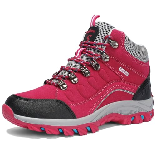 GURGER Wanderschuhe Damen Wasserdicht Trekkingschuhe Leder Leichte rutschfest Wanderstiefel Atmungsaktiv Bequem Outdoorschuhe Wandern Schuhe Rot Größe 38 von GURGER