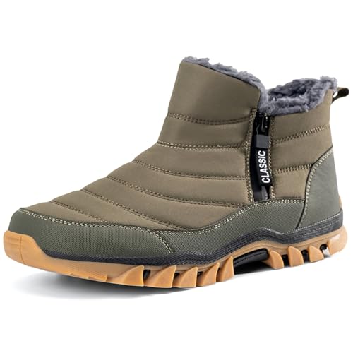 GURGER Winterstiefel Herren Winterschuhe Gefüttert Warm Schneestiefel Wasserdicht Reißverschluss Kurzschaft Stiefel Männer Bequem Rutschfeste Winter Schuhe Grün 42 von GURGER