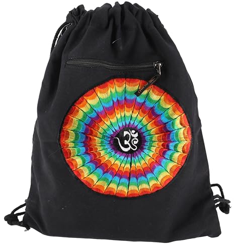 Bestickter Turnbeutel, Rucksack, Sportbeutel, Freizeitbeutel, Goa Beutel, Hippie Beutel - Schwarz/regenbogen/OM, Herren/Damen, Baumwolle, Size:One Size, 45x35x15 cm, Ausgefallene Stofftasche von GURU SHOP