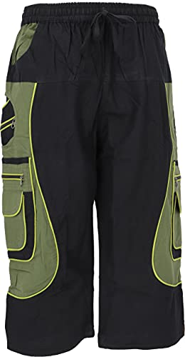 GURU SHOP 3/4 Yogahose, Goa Hose, Goa Shorts, Herren Shorts, Schwarz/grün, Baumwolle, Size:S/M (50) von GURU SHOP