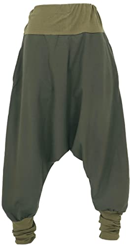 GURU SHOP Afghani Hose, Unisex Pluderhose, Goa Hose Aladinhose, Olivegrün, Baumwolle, Size:M (52) von GURU SHOP