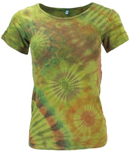 GURU SHOP Batik Hippie T-Shirt, Unikat Boho Batikshirt - Lemongrün, Damen, Synthetisch von GURU SHOP