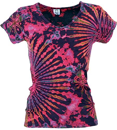 GURU SHOP Batik Hippie T-Shirt mit V-Auschnitt, Unikat Batikshirt, Damen, Pink, Synthetisch, Size:38 von GURU SHOP