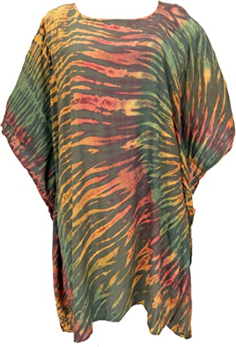 GURU SHOP Batik Kaftan, Ibiza-Style Tunika, Bluse, Damen Maxibluse, Olive/rot, Synthetisch, Size:One Size von GURU SHOP