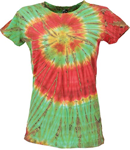 GURU SHOP Batik T-Shirt für Damen, Goa Shirt, Grün/orange, Baumwolle, Size:S (36) von GURU SHOP