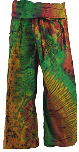 GURU SHOP Batik Thai Fischerhose aus Baumwolle, Wickelhose, Yogahose, Herren/Damen, Grün/bunt, Size:One Size von GURU SHOP