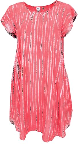 GURU SHOP Batik Tunika, Midikleid, Strandkleid, Kurzarm Sommerkleid Für Starke Frauen - Himbeerrot, Damen, Synthetisch von GURU SHOP