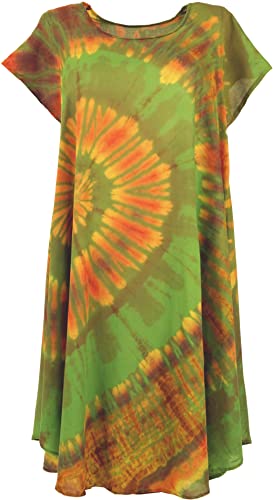 GURU SHOP Batik Tunika, Midikleid, Strandkleid, Kurzarm Sommerkleid für Starke Frauen, Damen, Grün, Synthetisch, Size:42 von GURU SHOP