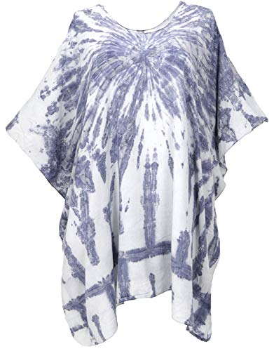 GURU SHOP Batiktunika, Open Sholder Kaftan, Maxitunika, Strandtunika, Übergröße, Damen, Weiß/blau, Synthetisch, Size:One Size von GURU SHOP