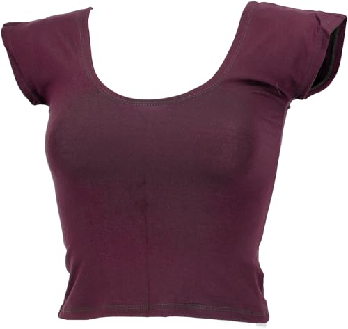 GURU SHOP Bauchfreies Goa Psytrance Pixi Shirt, Choli Top - Weinrot, Damen, Synthetisch, Size:L von GURU SHOP